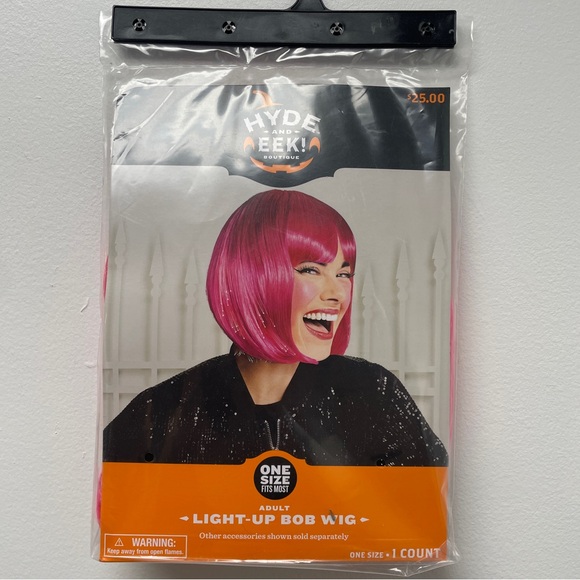 Light Up Bright Hot Pink Bob Hair Wig, Halloween Costume, with bangs chin length - Picture 2 of 6